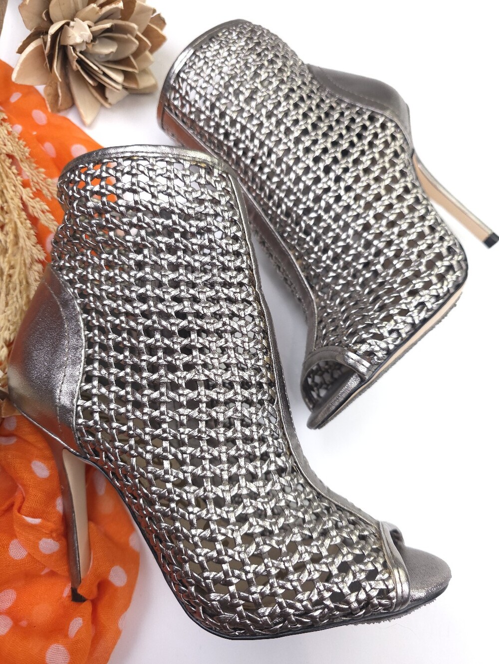 Sam Edelman Leather Silver Peep-Toe Woven High-Heel Booties Sz 5m